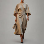 Reina - Women's Belted Wrap Midi Dress with Batwing Sleeves