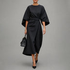 Reina - Women's Belted Wrap Midi Dress with Batwing Sleeves
