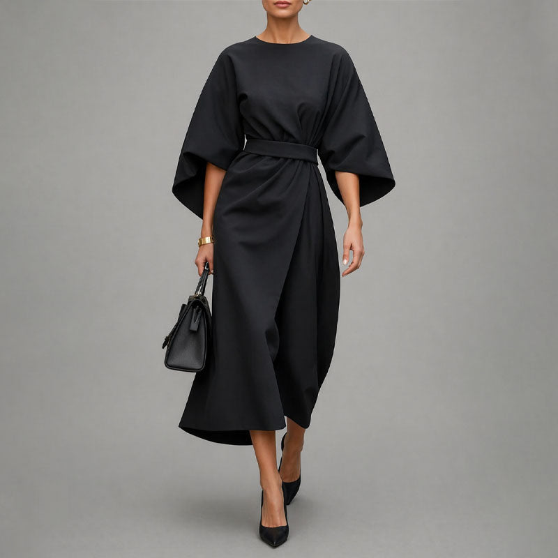 Reina - Women's Belted Wrap Midi Dress with Batwing Sleeves