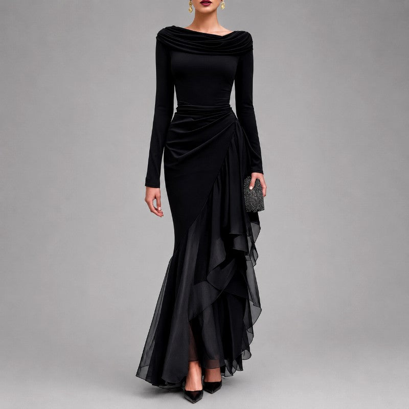 Renee - Women's Cowl Neck Asymmetric Evening Maxi Dress 1