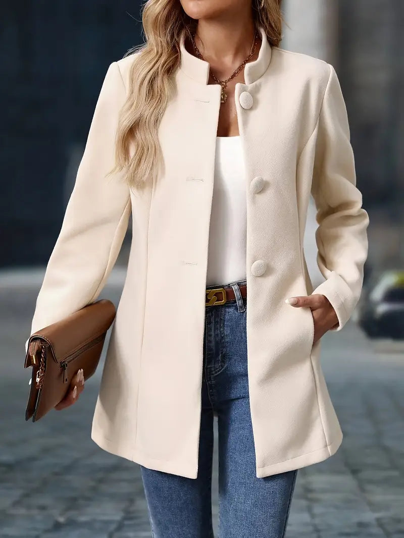 Rosalie - Women's Button-Front A-Line Coat with Mock Neck