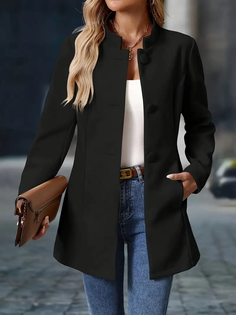 Rosalie - Women's Button-Front A-Line Coat with Mock Neck