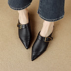 Rosalind - Women's Buckle-Strap Leather Mules with Wingtip Toe