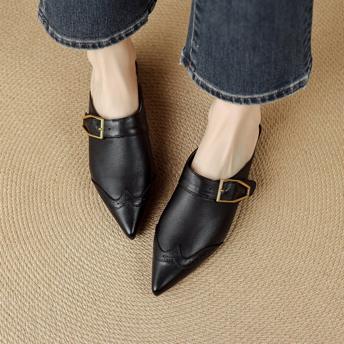 Rosalind - Women's Buckle-Strap Leather Mules with Wingtip Toe