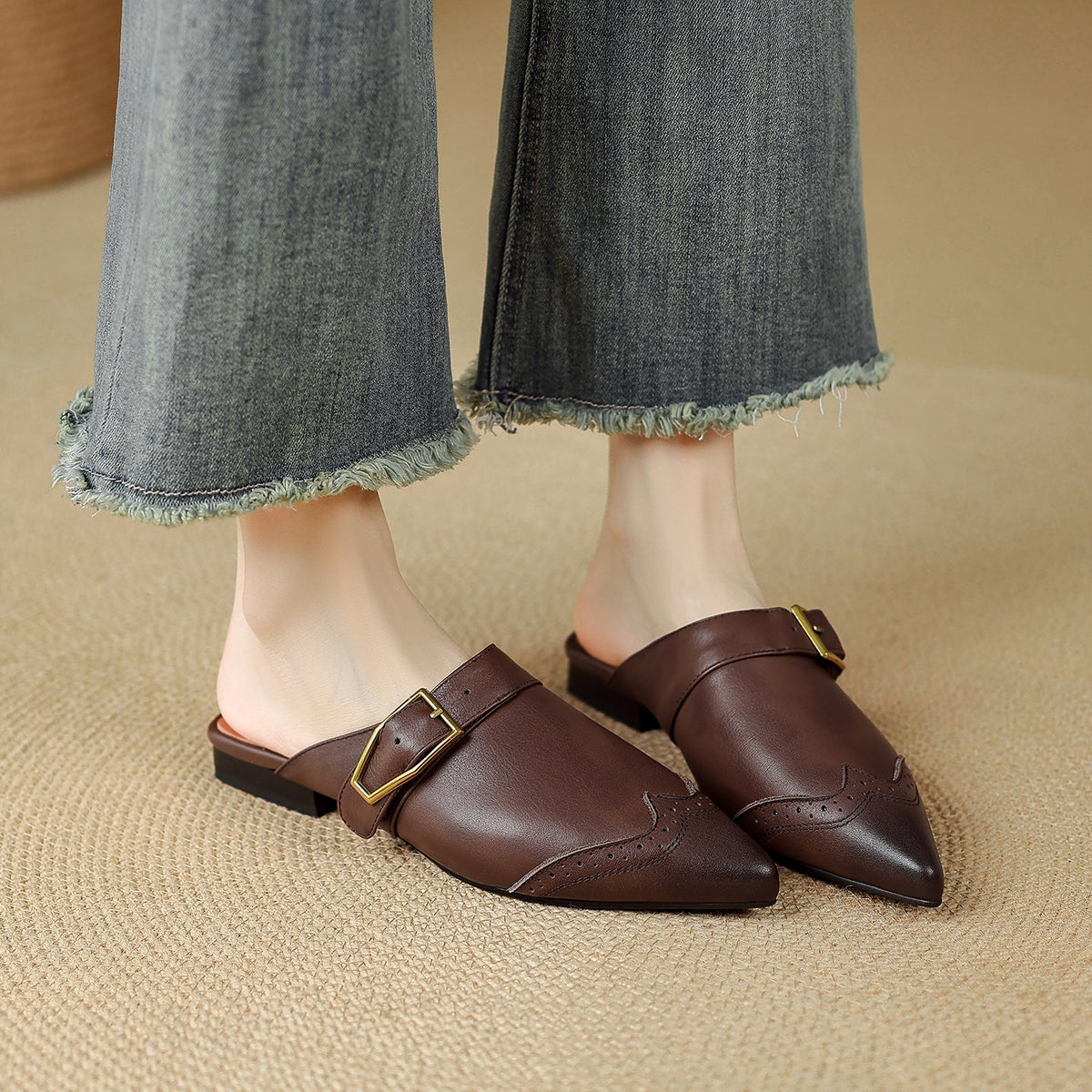 Rosalind - Women's Buckle-Strap Leather Mules with Wingtip Toe