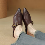 Rosalind - Women's Buckle-Strap Leather Mules with Wingtip Toe
