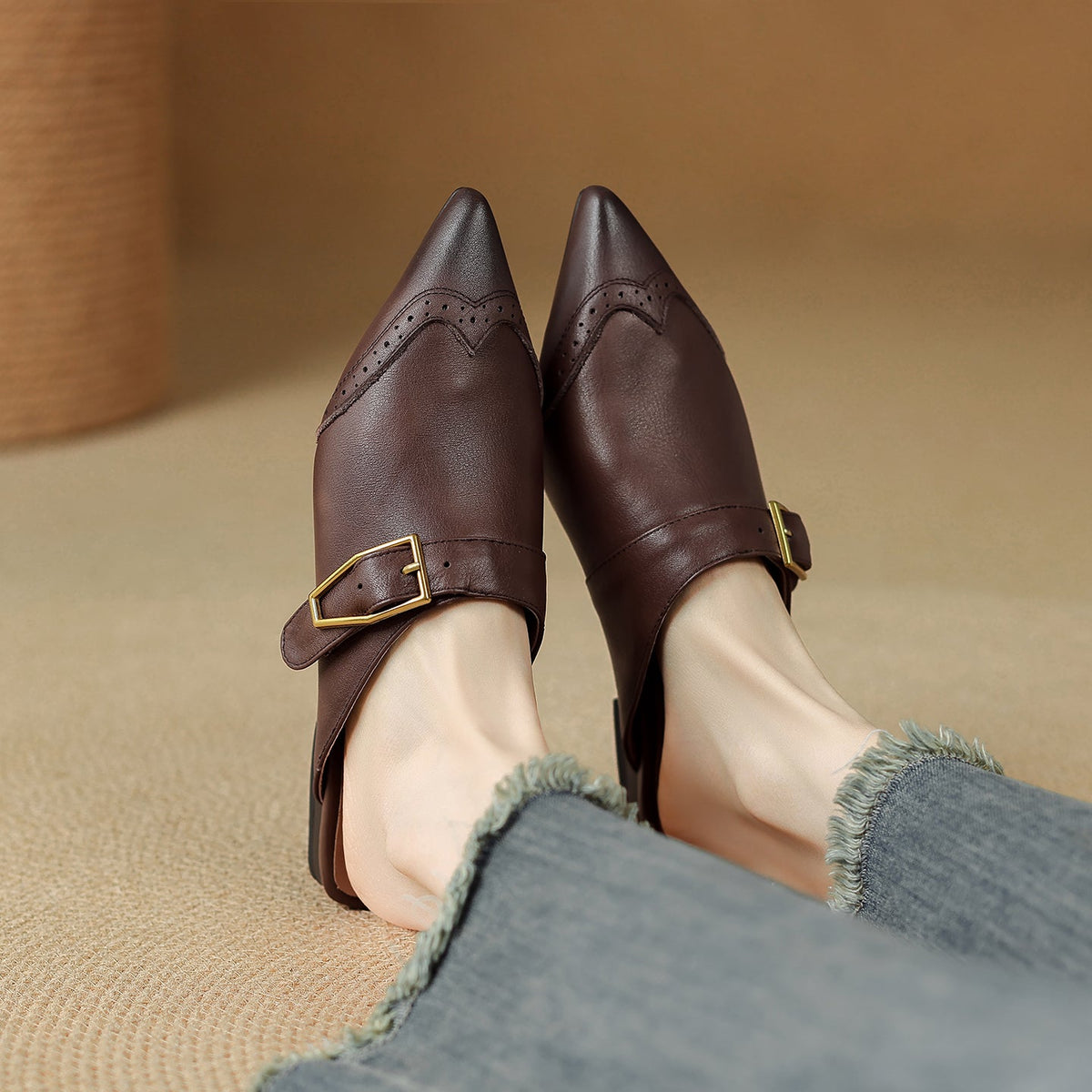 Rosalind - Women's Buckle-Strap Leather Mules with Wingtip Toe