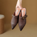 Rosalind - Women's Buckle-Strap Leather Mules with Wingtip Toe