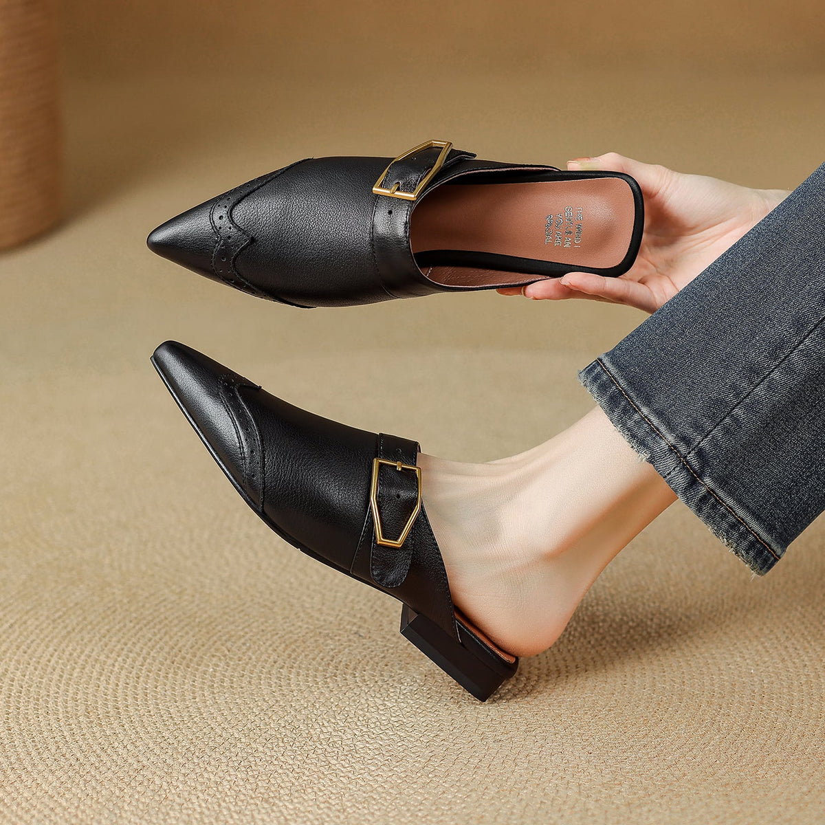 Rosalind - Women's Buckle-Strap Leather Mules with Wingtip Toe