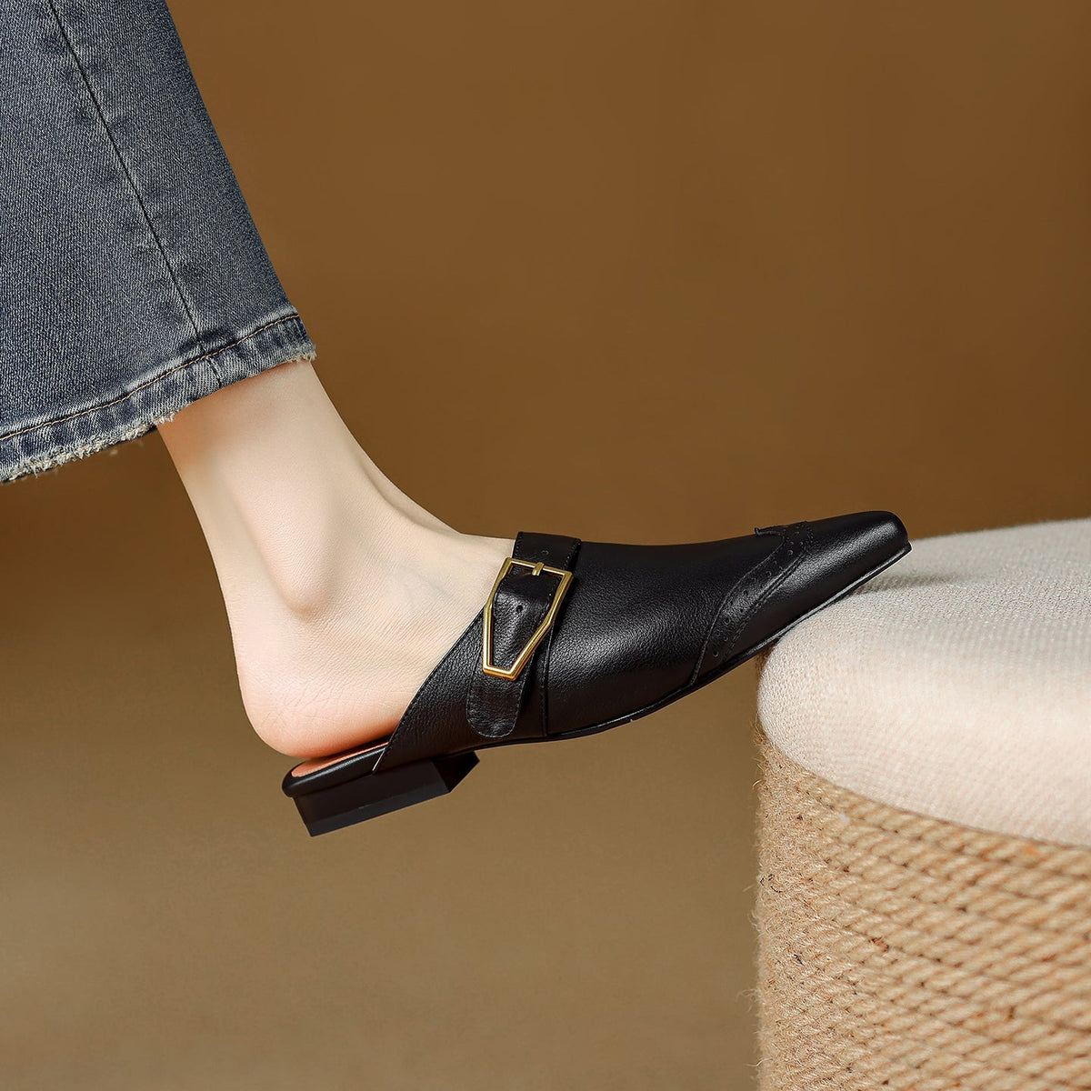 Rosalind - Women's Buckle-Strap Leather Mules with Wingtip Toe