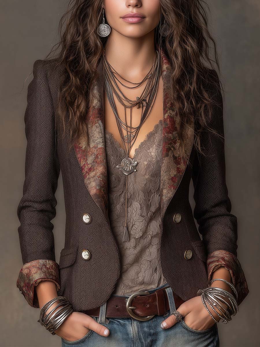 Rosalind - Women's Herringbone Blazer with Floral Trim