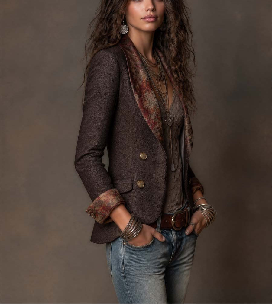 Rosalind - Women's Herringbone Blazer with Floral Trim
