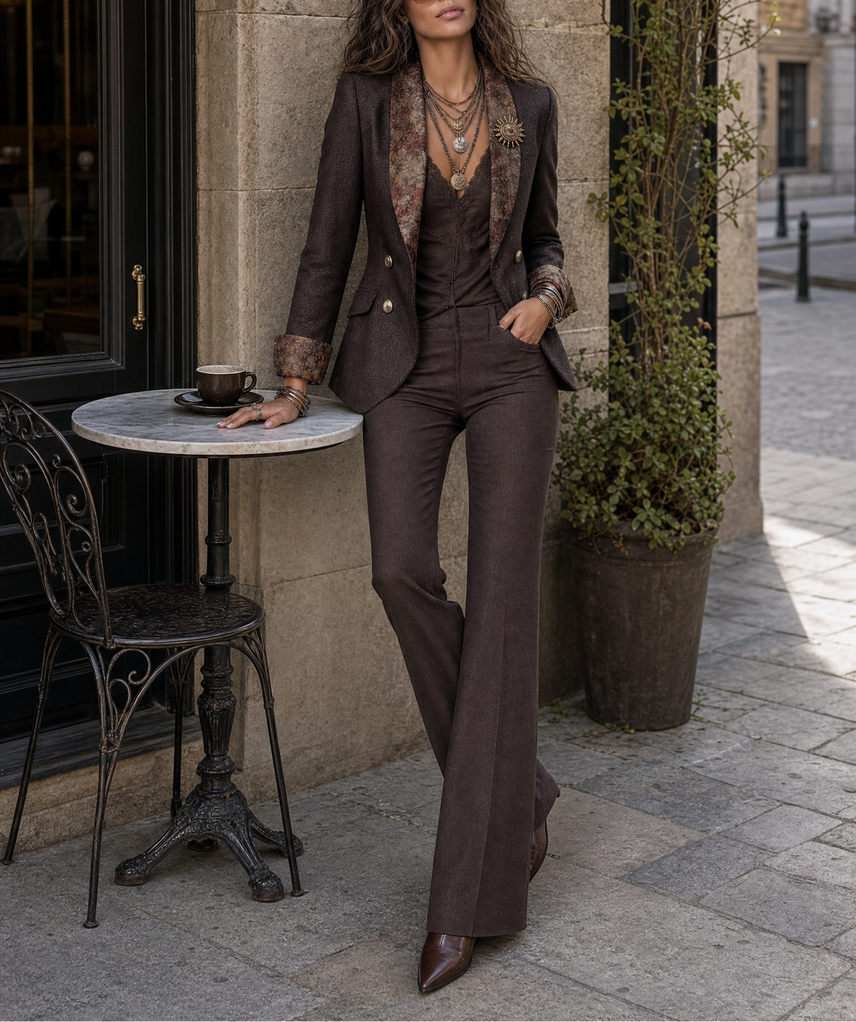 Rosalind - Women's Herringbone Blazer with Floral Trim