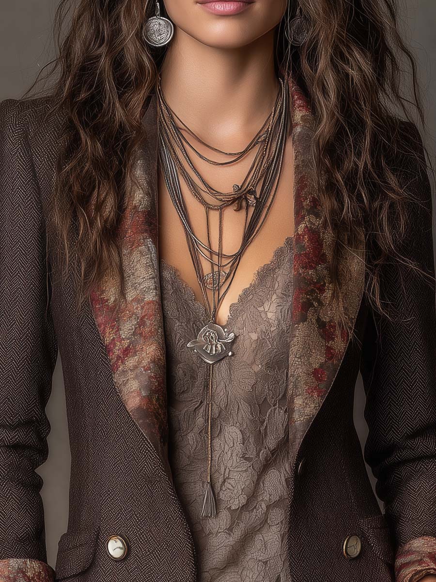 Rosalind - Women's Herringbone Blazer with Floral Trim