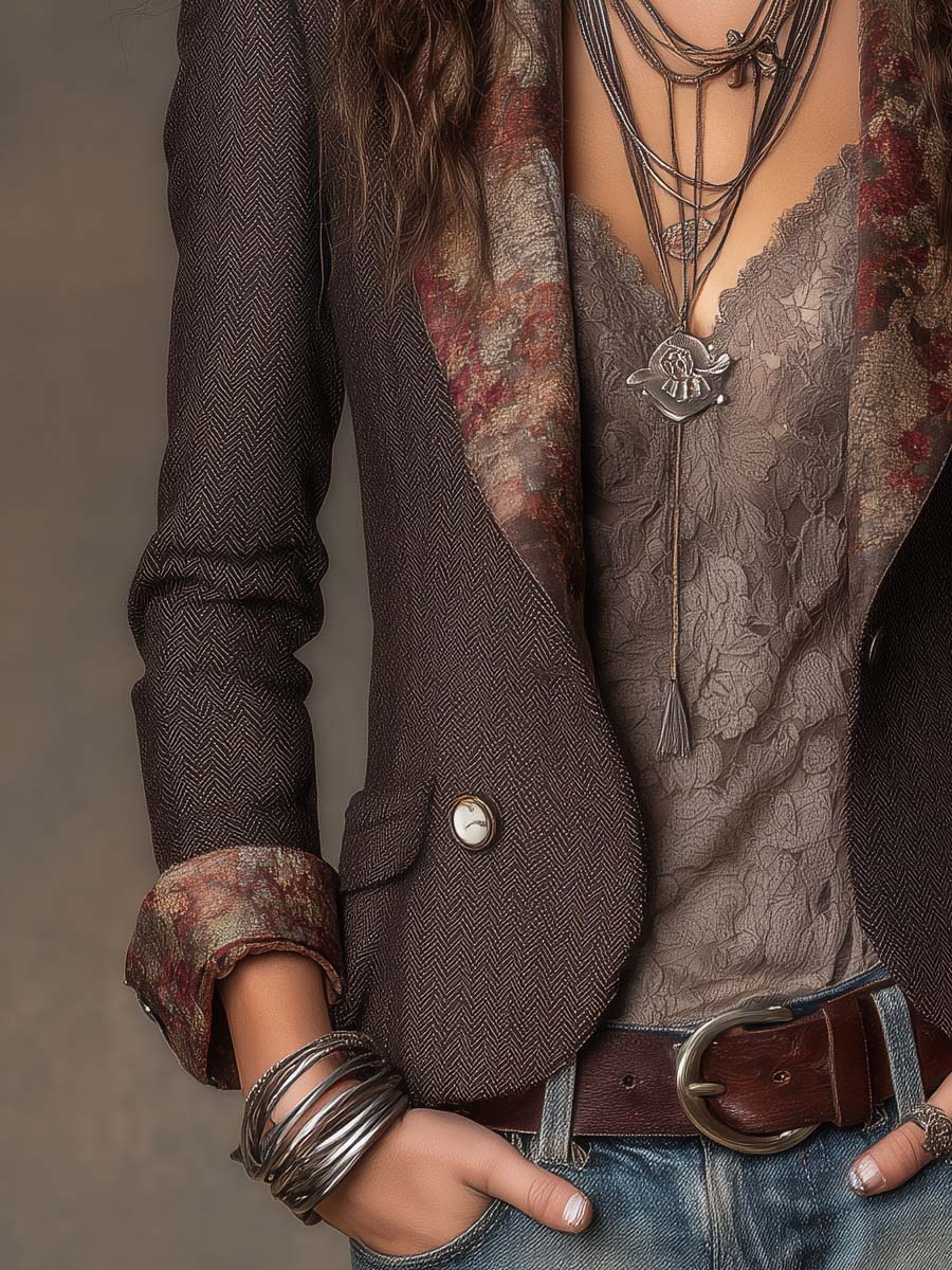 Rosalind - Women's Herringbone Blazer with Floral Trim