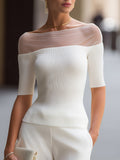 Rosalind - Women's Sheer Mesh Boat-Neck Ribbed Knit Top