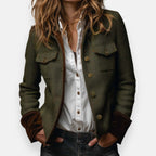 Rosemary - Women's Herringbone Tweed Military Jacket with Velvet Cuff Trim