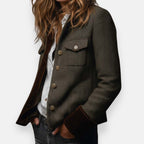 Rosemary - Women's Herringbone Tweed Military Jacket with Velvet Cuff Trim