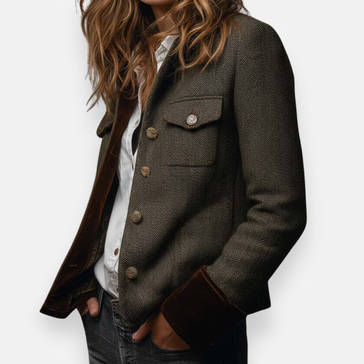 Rosemary - Women's Herringbone Tweed Military Jacket with Velvet Cuff Trim
