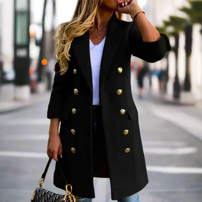 Rosemary - Women's Notch-Lapel Coat with Metal Button Front