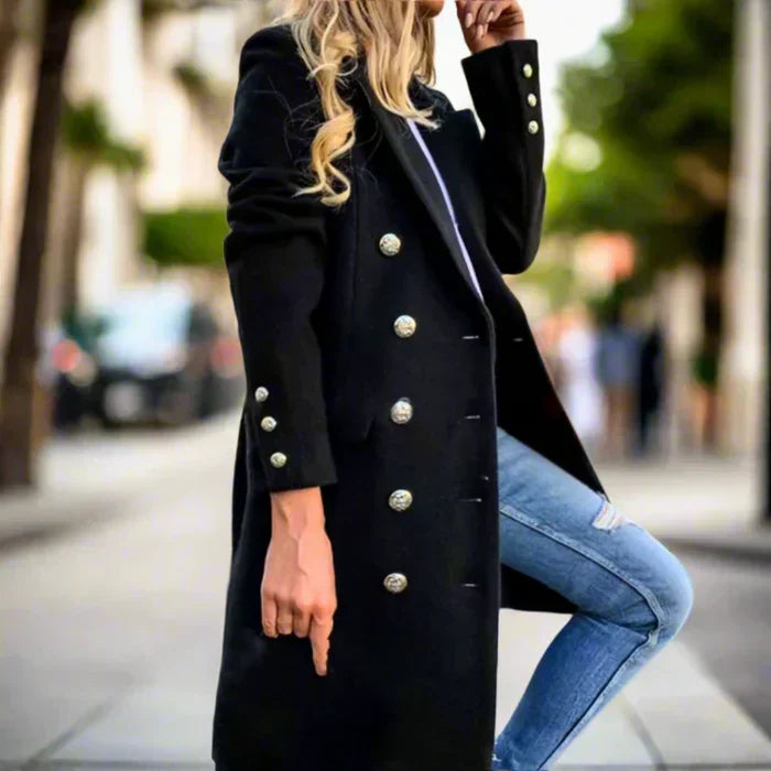 Rosemary - Women's Notch-Lapel Coat with Metal Button Front
