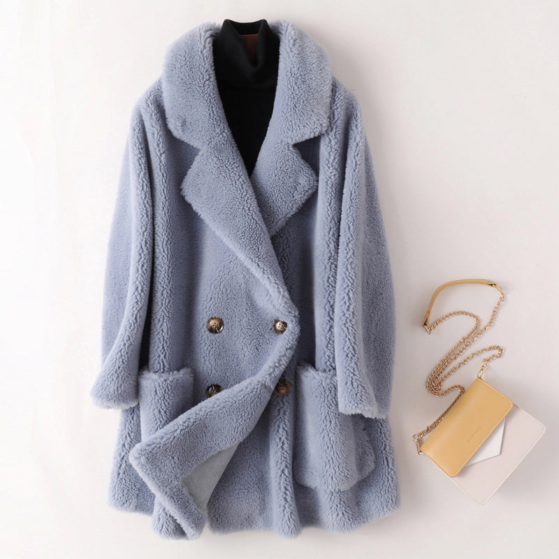Rosetta - Women's Double-Breasted Notch-Lapel Faux Shearling Coat