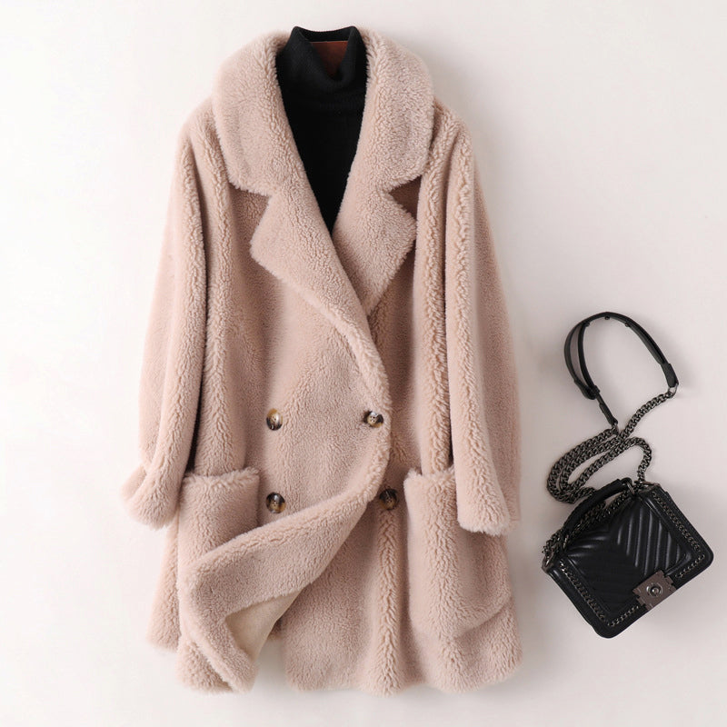 Rosetta - Women's Double-Breasted Notch-Lapel Faux Shearling Coat