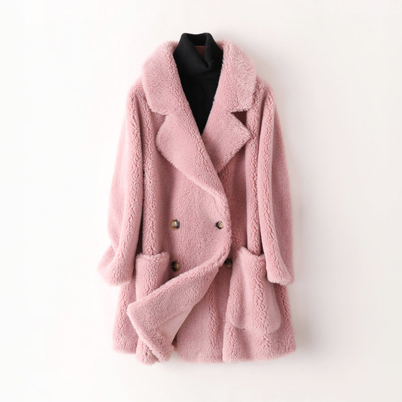 Rosetta - Women's Double-Breasted Notch-Lapel Faux Shearling Coat