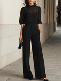 Roxana - Women's Sheer Puff-Sleeve Jumpsuit with Mock Neck