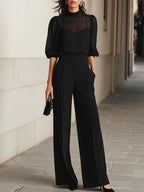 Roxana - Women's Sheer Puff-Sleeve Jumpsuit with Mock Neck