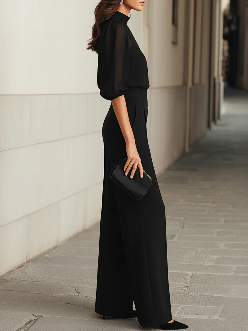 Roxana - Women's Sheer Puff-Sleeve Jumpsuit with Mock Neck
