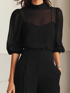 Roxana - Women's Sheer Puff-Sleeve Jumpsuit with Mock Neck