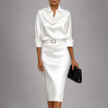 Samanta - Women's Cowl Neck Satin Midi Dress with Belted Waist