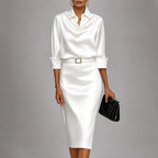 Samanta - Women's Cowl Neck Satin Midi Dress with Belted Waist