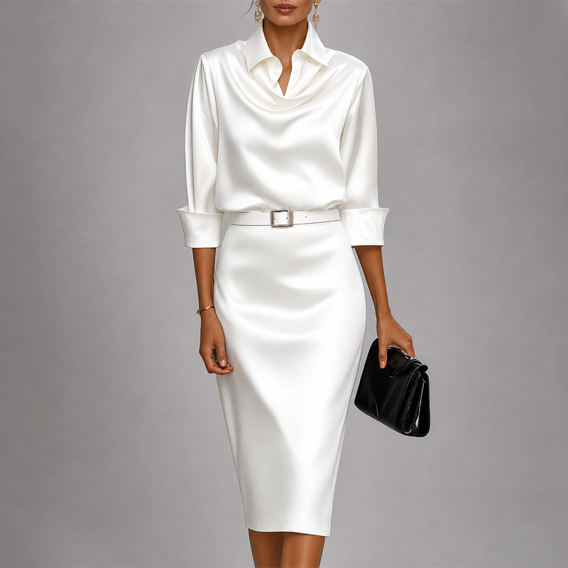 Samanta - Women's Cowl Neck Satin Midi Dress with Belted Waist