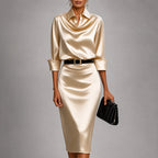 Samanta - Women's Cowl Neck Satin Midi Dress with Belted Waist