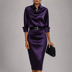 Samanta - Women's Cowl Neck Satin Midi Dress with Belted Waist