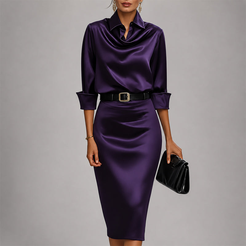 Samanta - Women's Cowl Neck Satin Midi Dress with Belted Waist