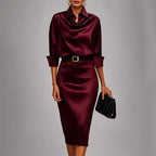 Samanta - Women's Cowl Neck Satin Midi Dress with Belted Waist