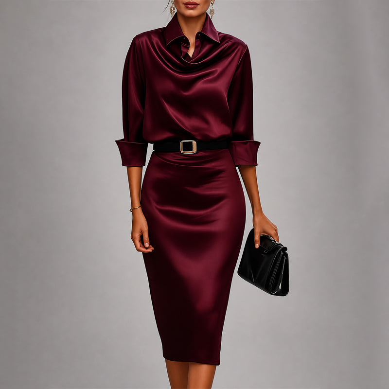 Samanta - Women's Cowl Neck Satin Midi Dress with Belted Waist