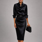 Samanta - Women's Cowl Neck Satin Midi Dress with Belted Waist