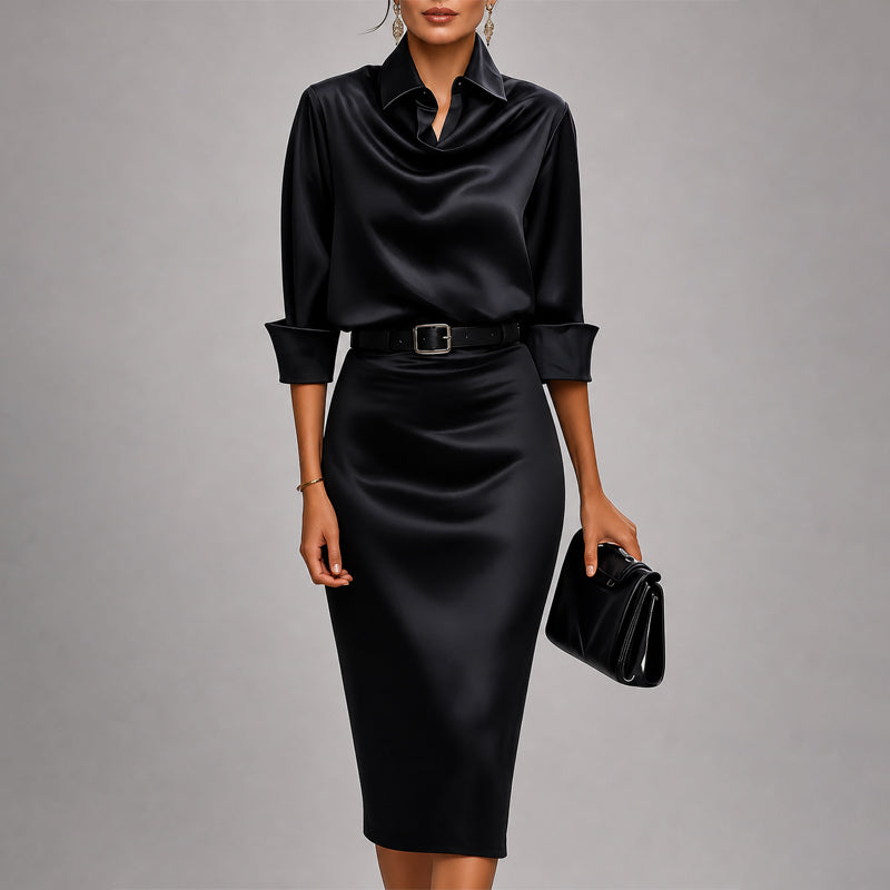 Samanta - Women's Cowl Neck Satin Midi Dress with Belted Waist