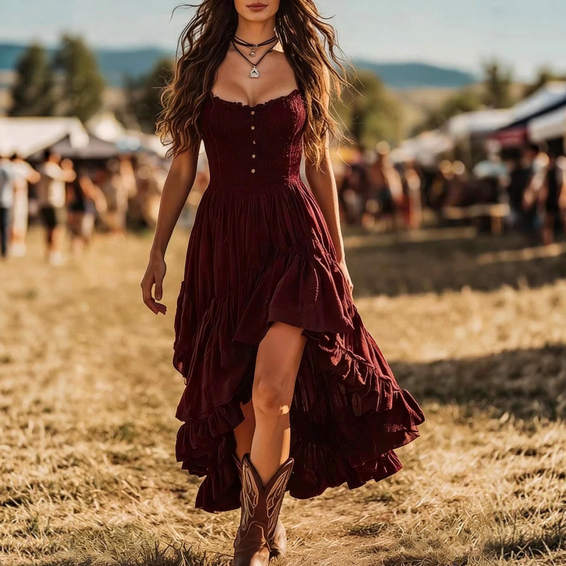 Savannah - Women's Smocked High-Low Boho Maxi Dress 3