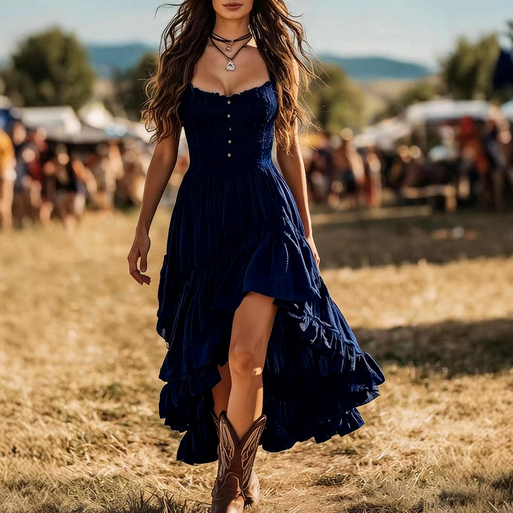 Savannah - Women's Smocked High-Low Boho Maxi Dress 4