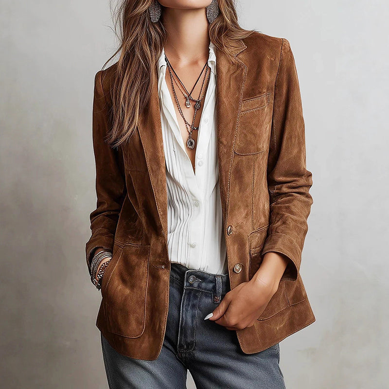 Scarlett - Women's Button-Front Suede Blazer with Notch Lapels