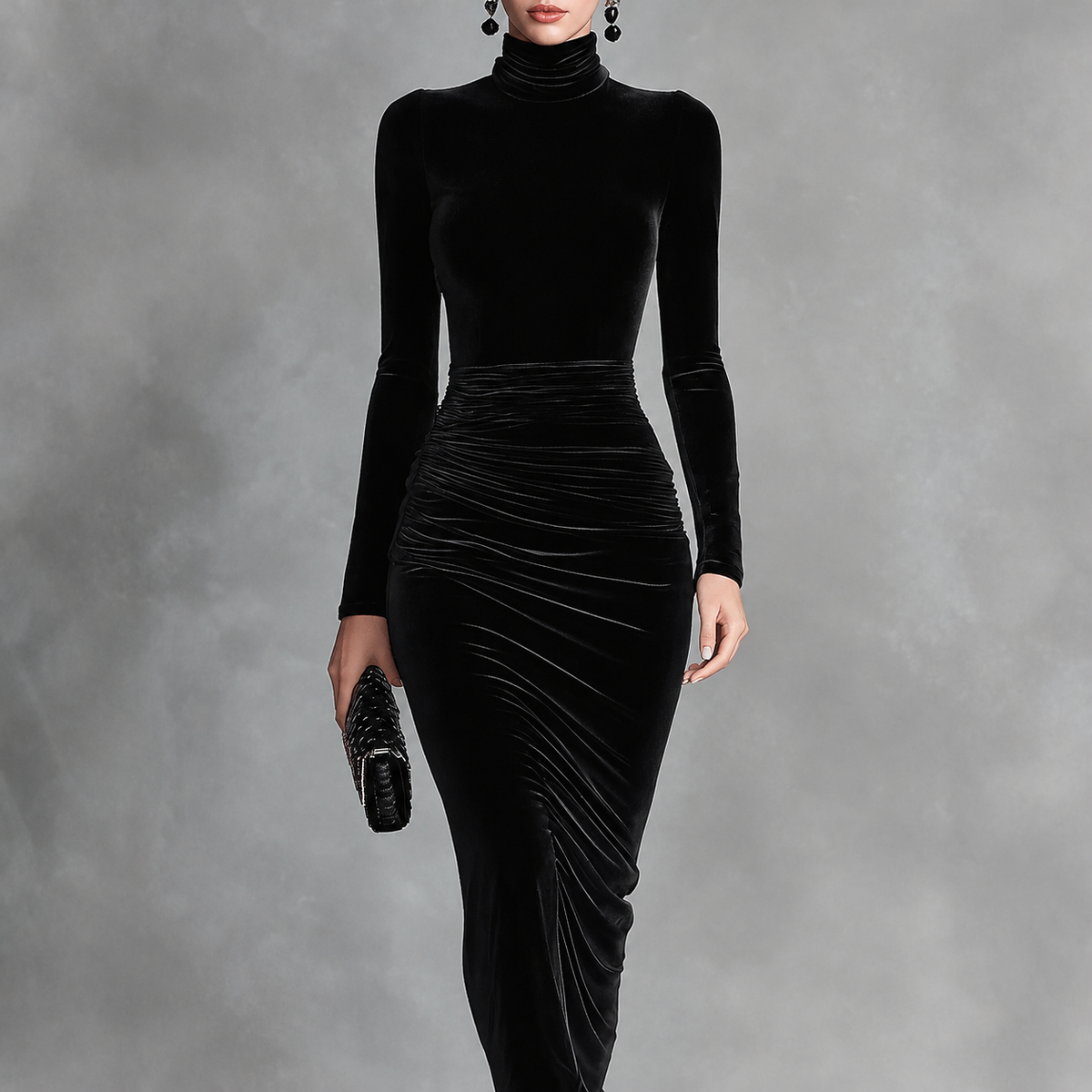 Scarlett - Women's Long Sleeve Velvet Turtleneck  Dress 5