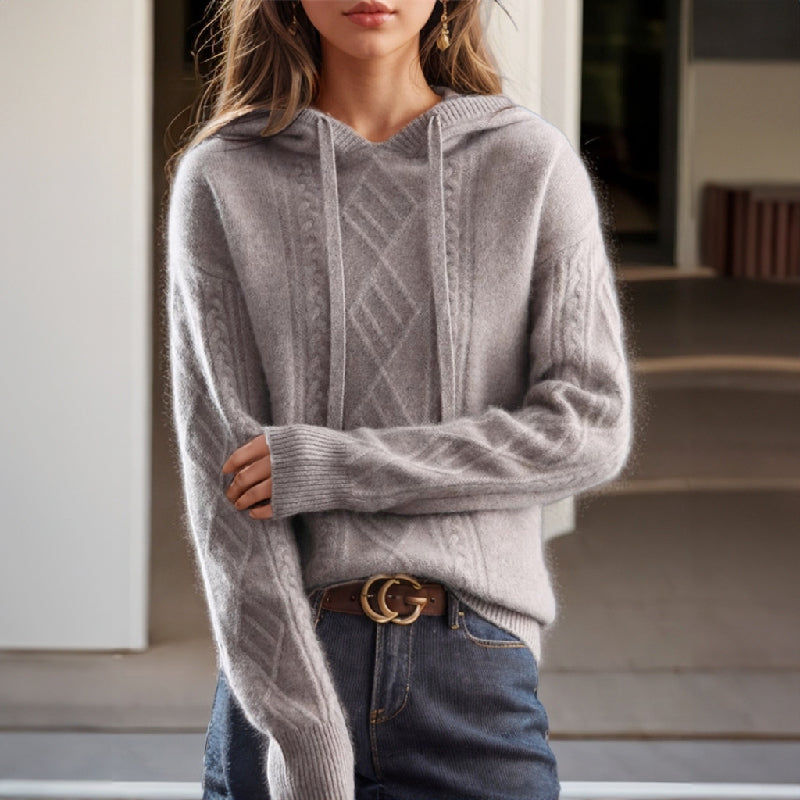 Seren - Women's Drawstring Hooded Cable Knit Sweater