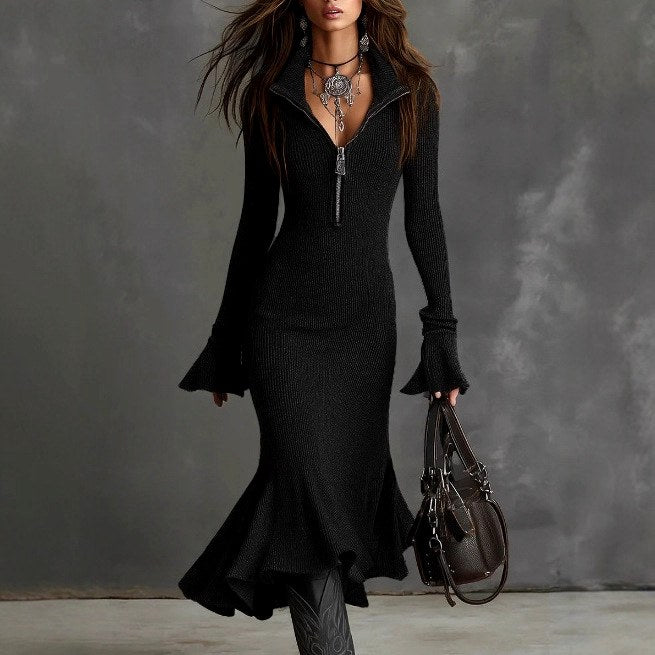 Shelby - Women's Ribbed Zip-Neck Long Sleeve Knit Dress 1