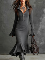 Shelby - Women's Ribbed Zip-Neck Long Sleeve Knit Dress 4