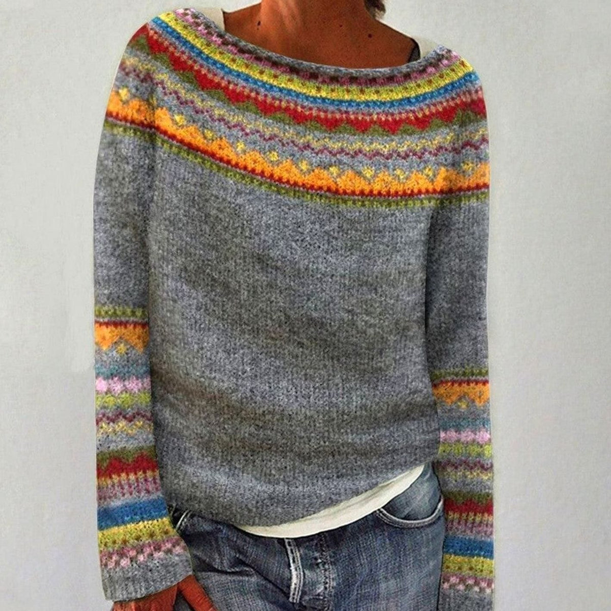 Sienna - Women's Merino Wool Pullover with Multicolor Fair Isle Stripe